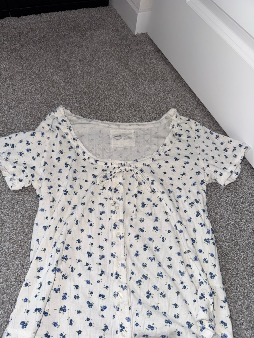 aerie White Top with Blue Floral Detail